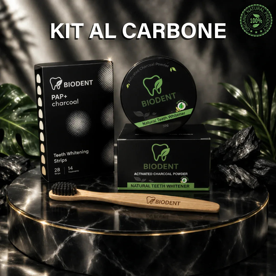 Kit Carbone Sbiancante: Polvere+Strisce+ Spazzolino Bio