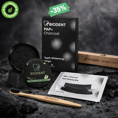 Kit Carbone Sbiancante: Polvere al Carbone + Striscie al Carbone + Spazzolino Bamboo